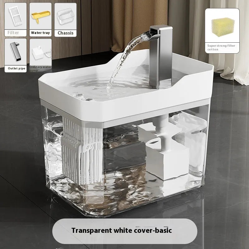 Matt grey cat water fountain with active oxygen pump and white drinking tray on floor