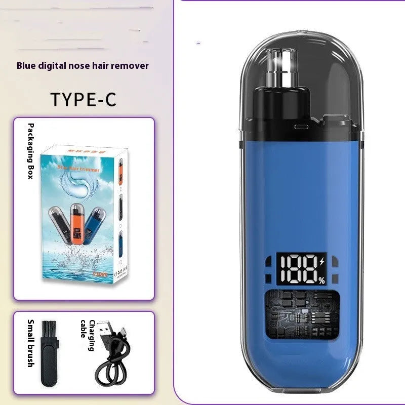 Rechargeable unisex nose hair cleaner with digital display and removable cutter head, ABS body, black colour option