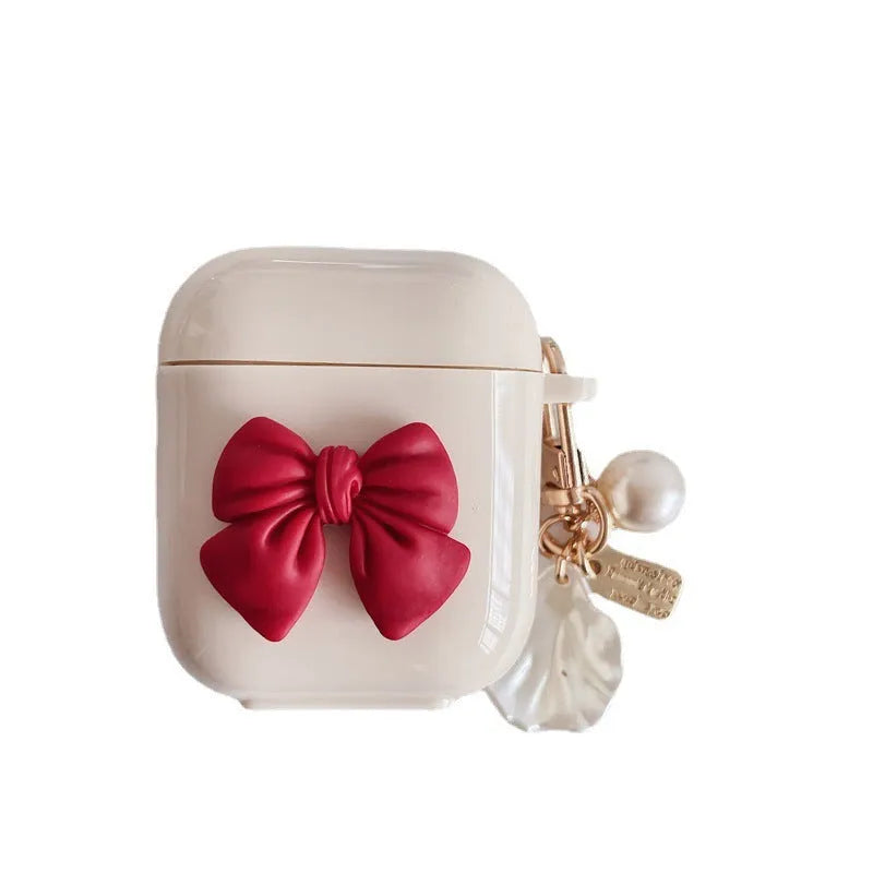 Beige red bow shell TPU clamshell case for AirPods 1, 2, 3 and Pro wireless earphones