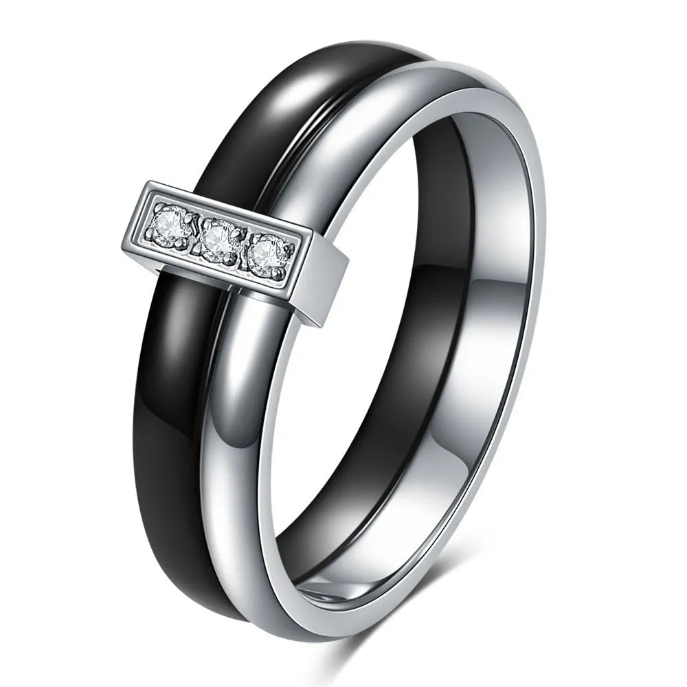 Glossy ceramic ring with zirconium stitching in geometric round shape, steel black colour option