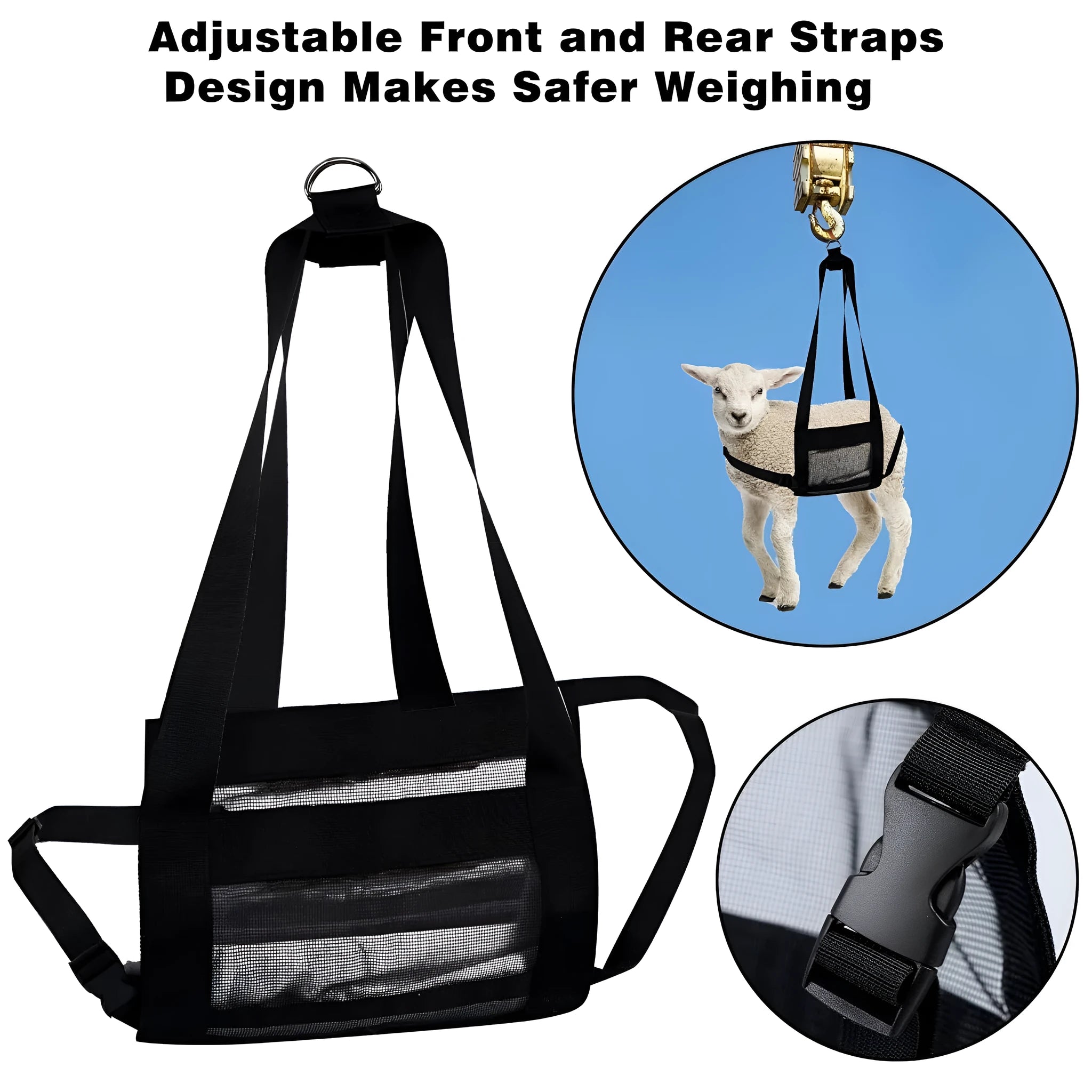 Black nylon calf and large dog weighing sling with adjustable handles laid flat, showing its 150cm length.