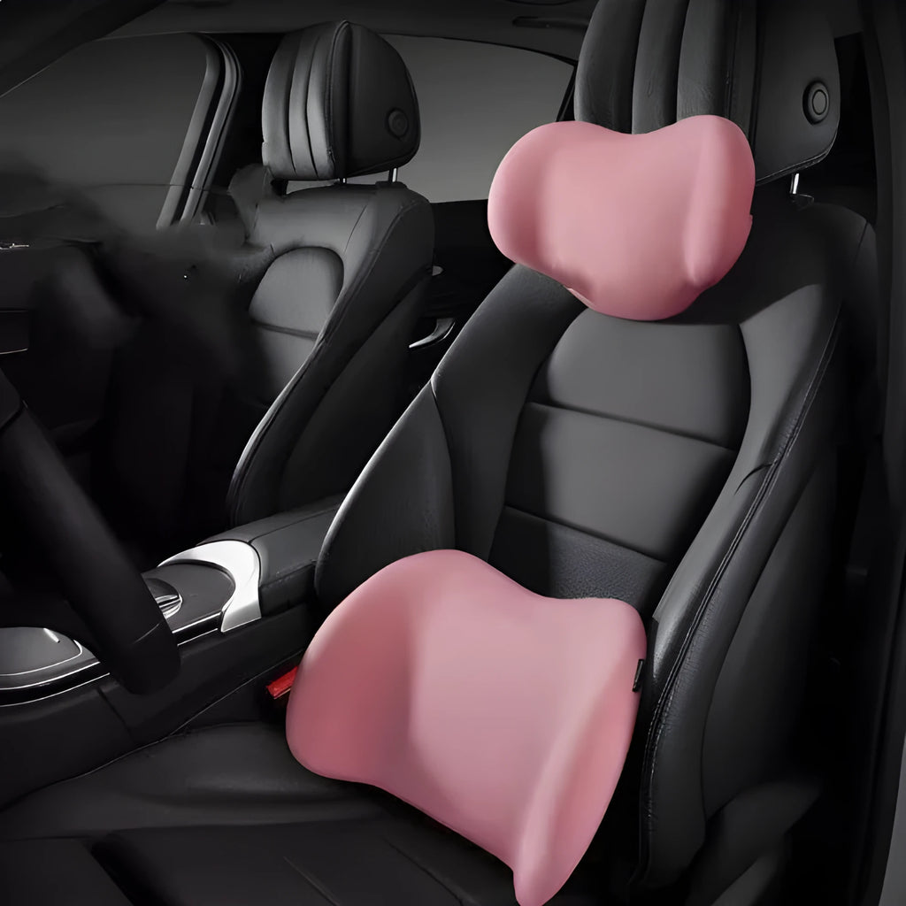 Black memory cotton car headrest cushion and lumbar support cushion set on a car seat.