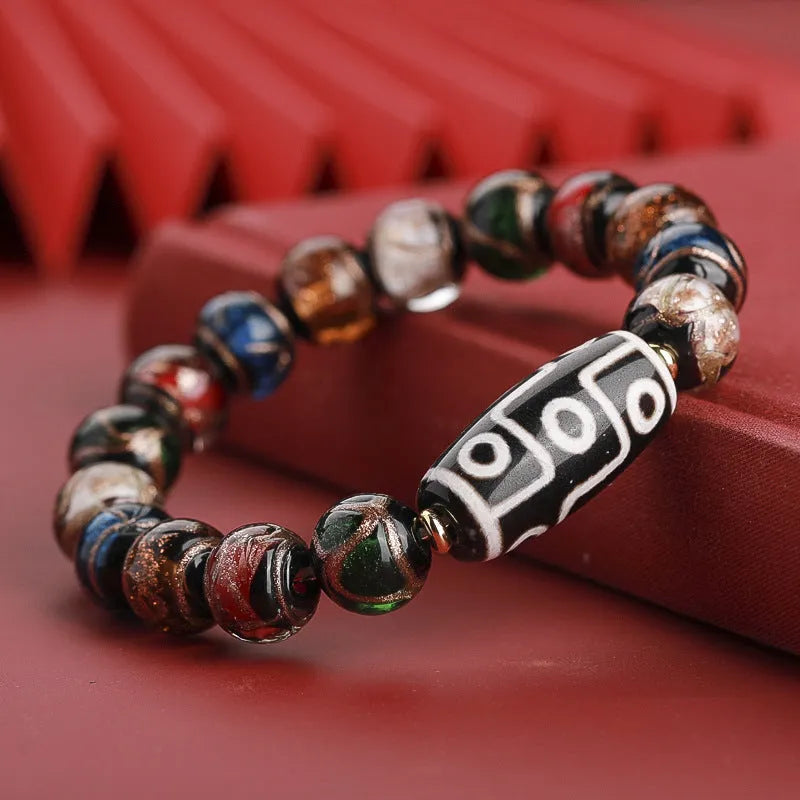 Traditional Chinese colourful glass bead bracelet with five-colour pattern and snake charms