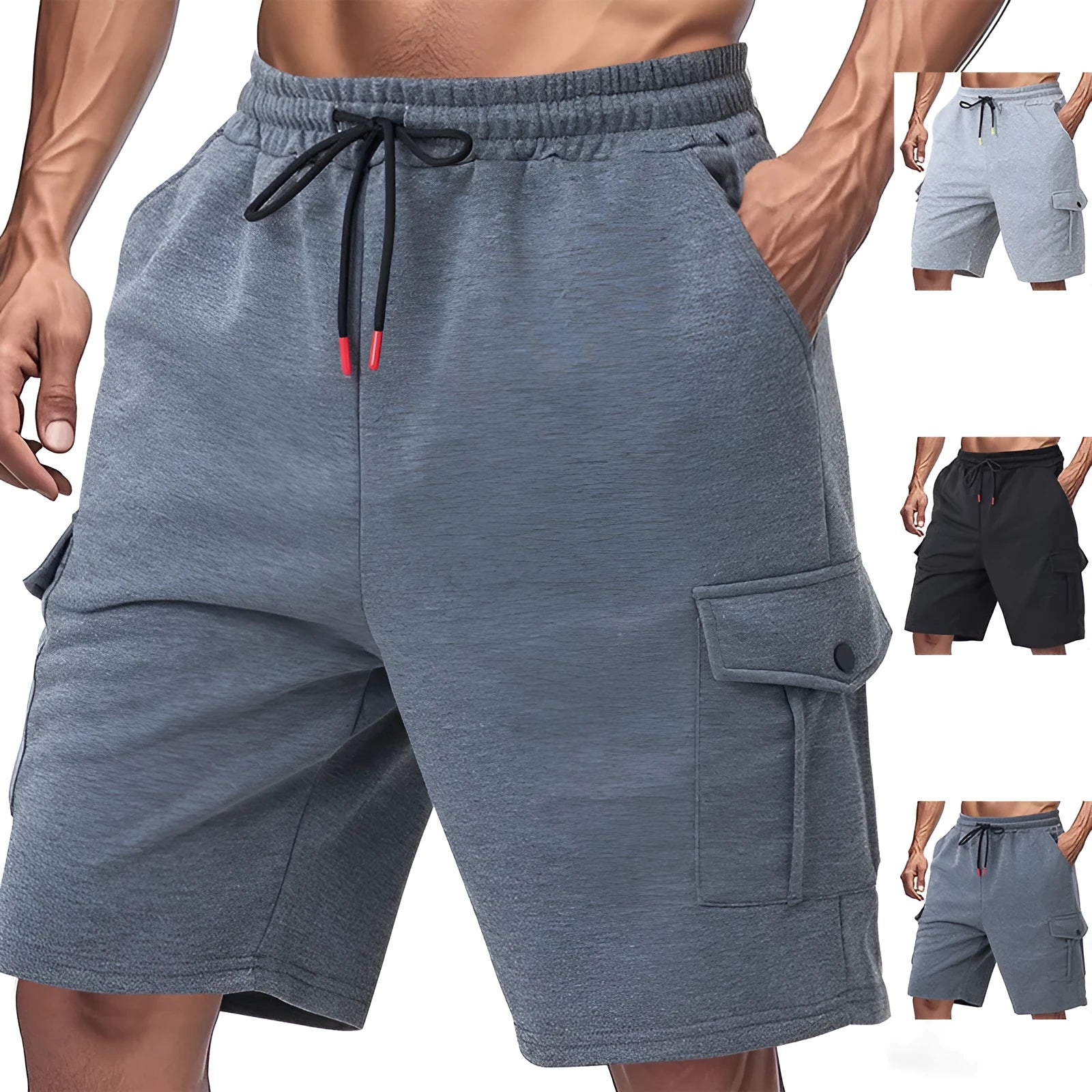 Terry fabric sports cargo shorts with multiple pockets in loose fit summer design