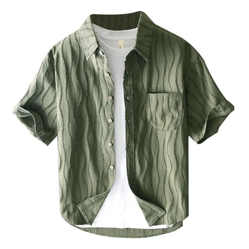 Men's pure cotton casual shirt in apricot colour with short sleeves and loose Japanese style fit