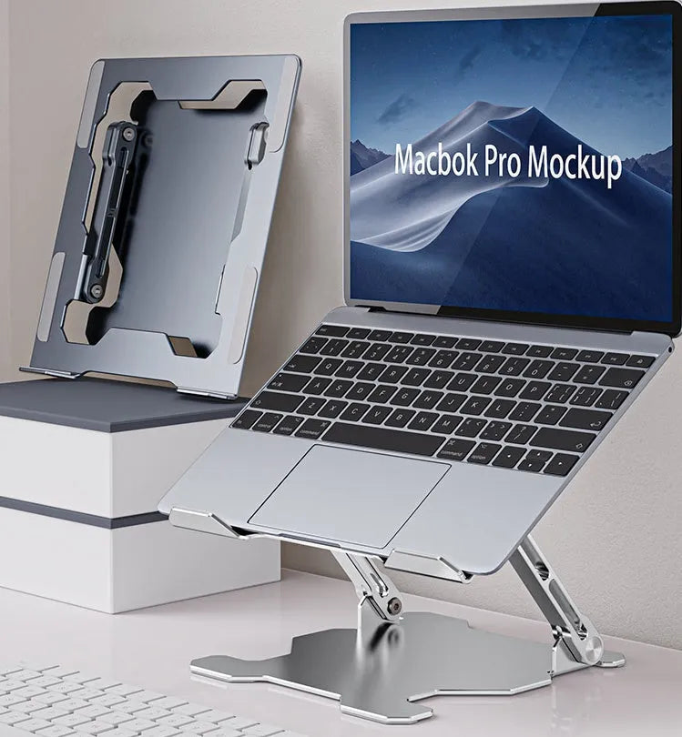 Grey aluminum laptop stand showing adjustable angle mechanism and folding design