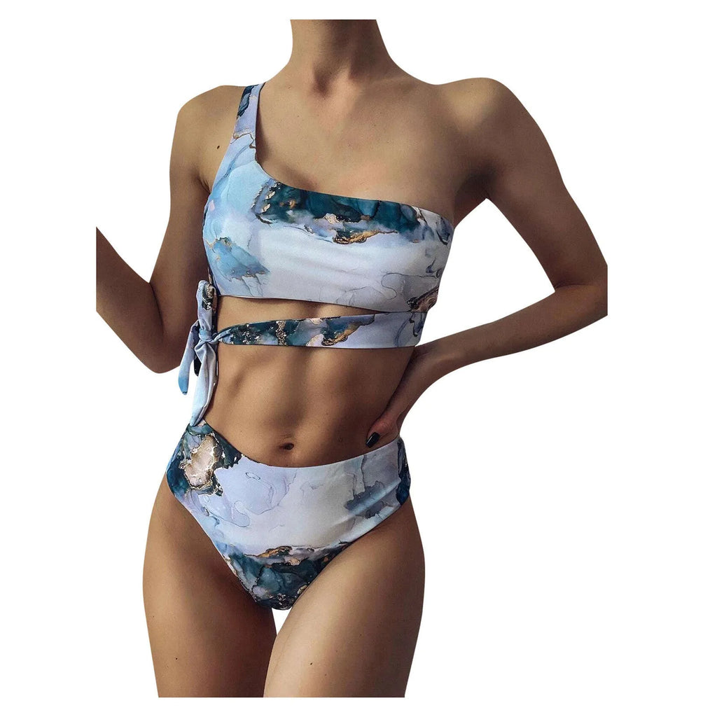 Women's high waist bikini with marble tie-dye pattern and U-neck swim top