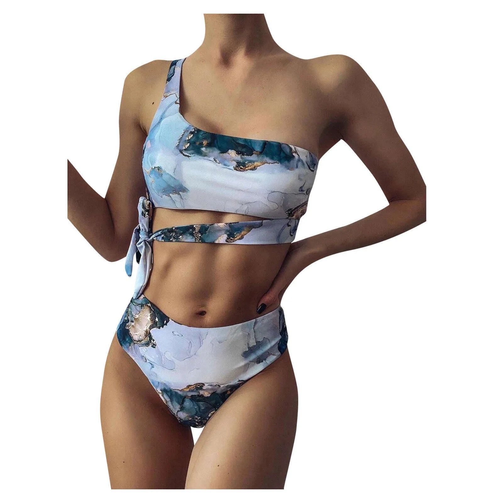 Women's high waist bikini with marble tie-dye pattern and U-neck swim top