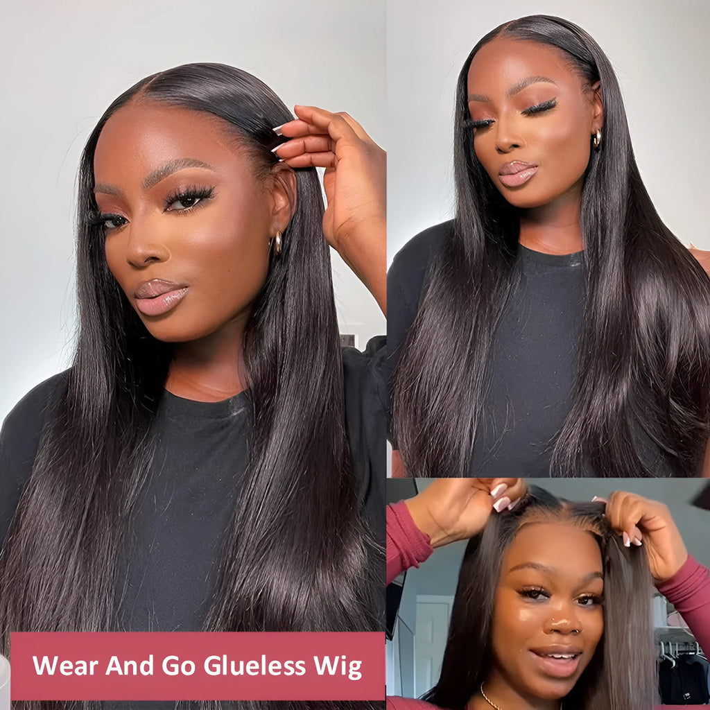 A model wearing a long, straight human hair glueless wig with side bangs.