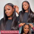 A model wearing a long, straight human hair glueless wig with side bangs.