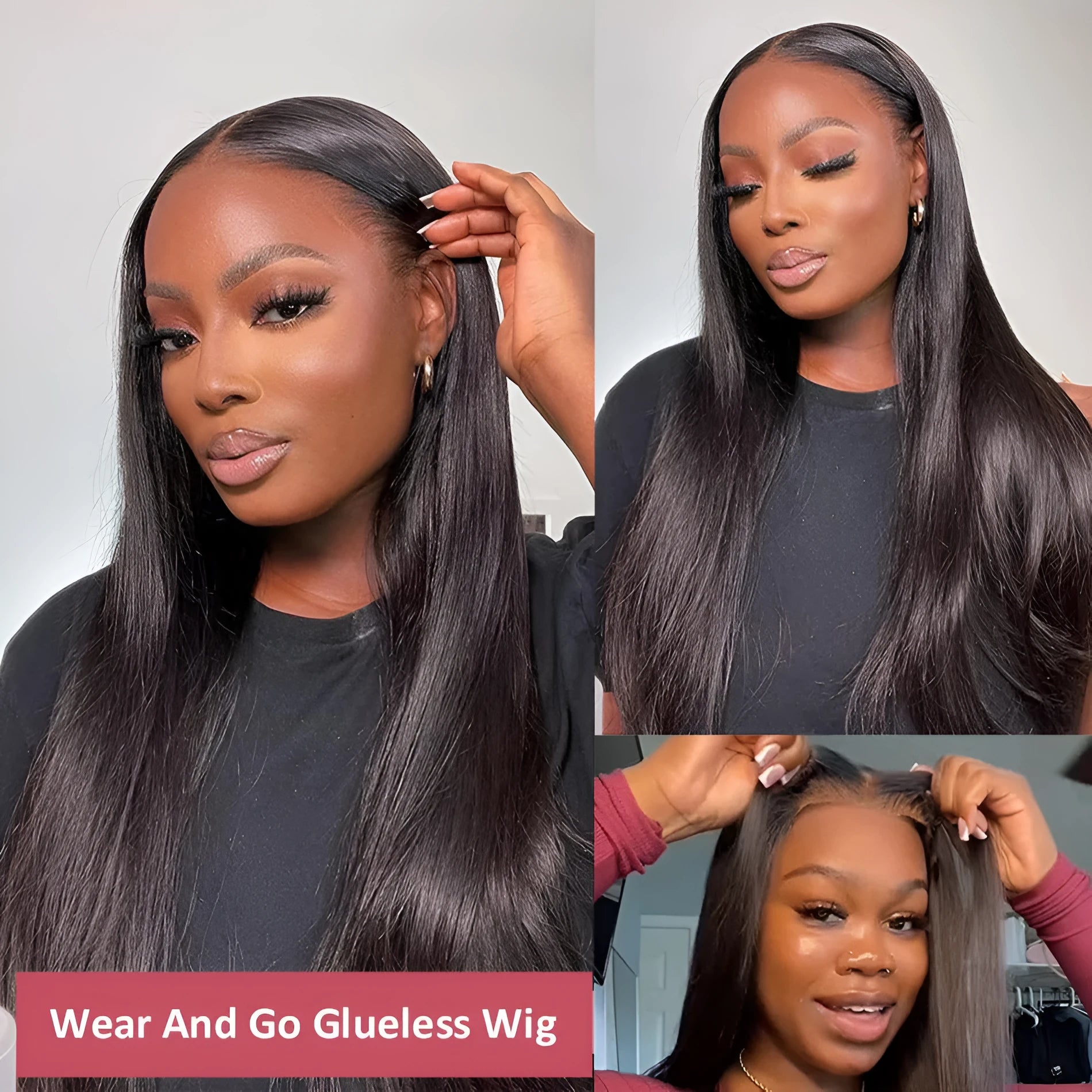A model wearing a long, straight human hair glueless wig with side bangs.