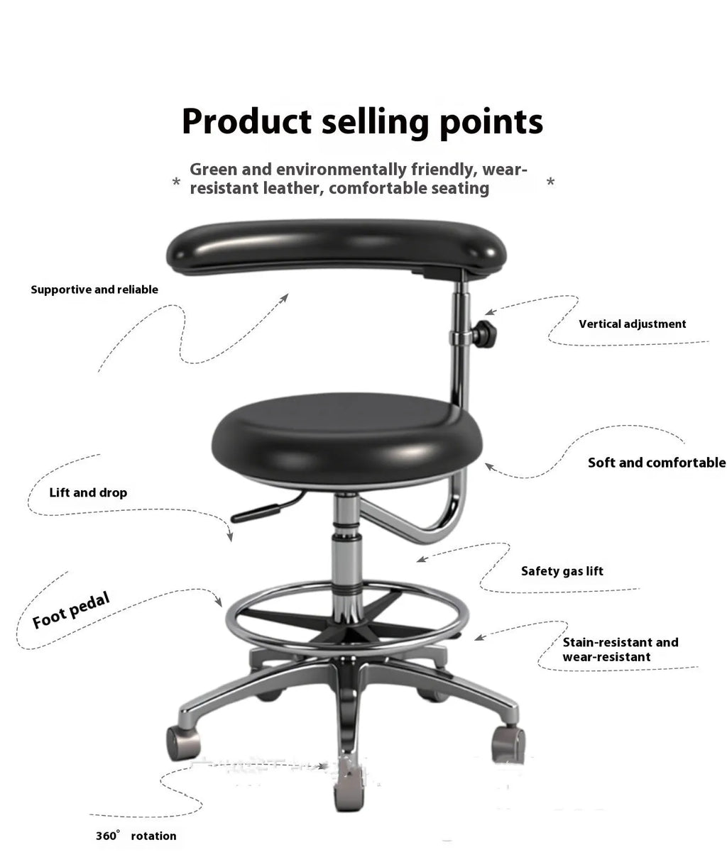 Black leather dental chair with height adjustment mechanism for clinical use