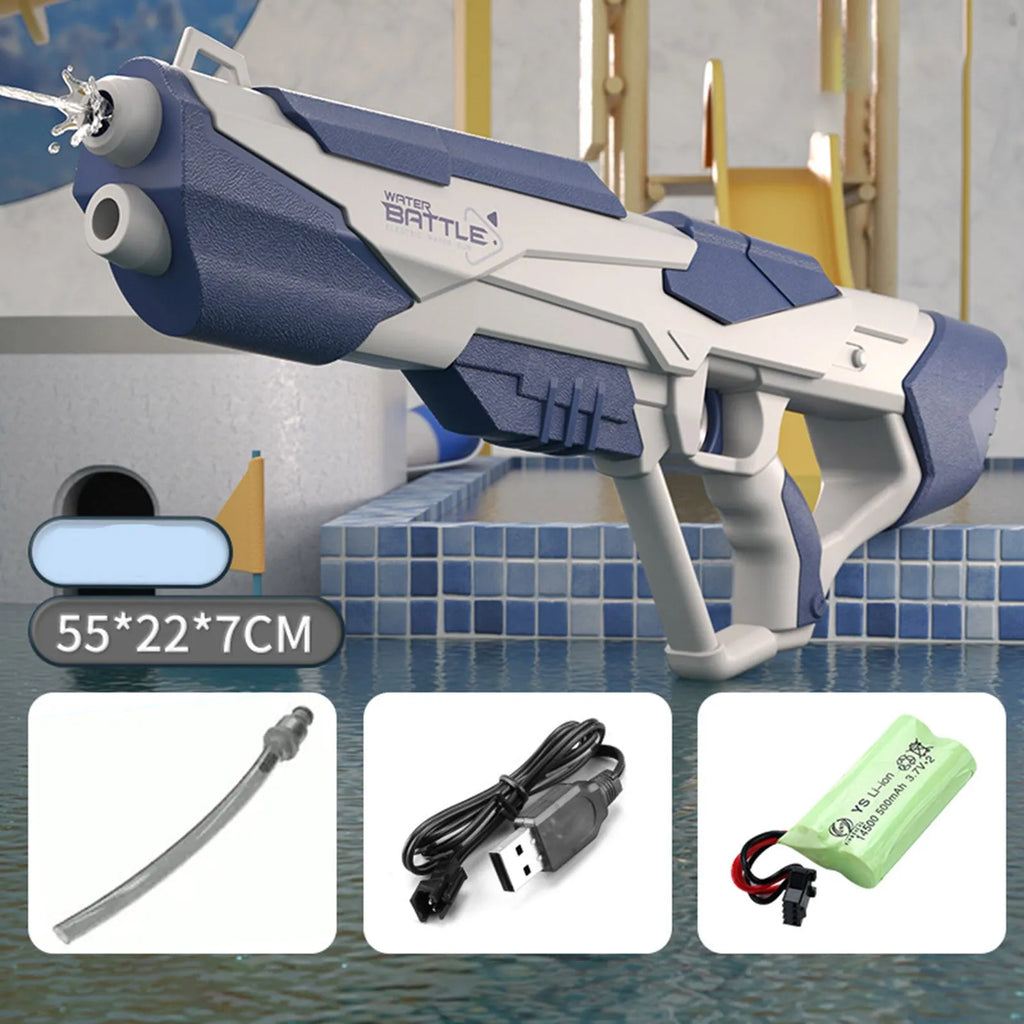 Blue electric water gun with automatic straw for outdoor water fights showing 55cm size