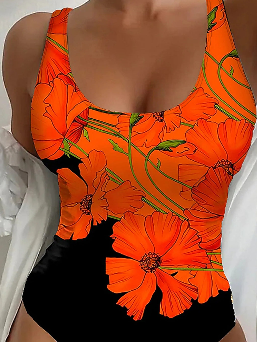 Women's slim fit backless one-piece swimsuit with orange flowers print in polyester