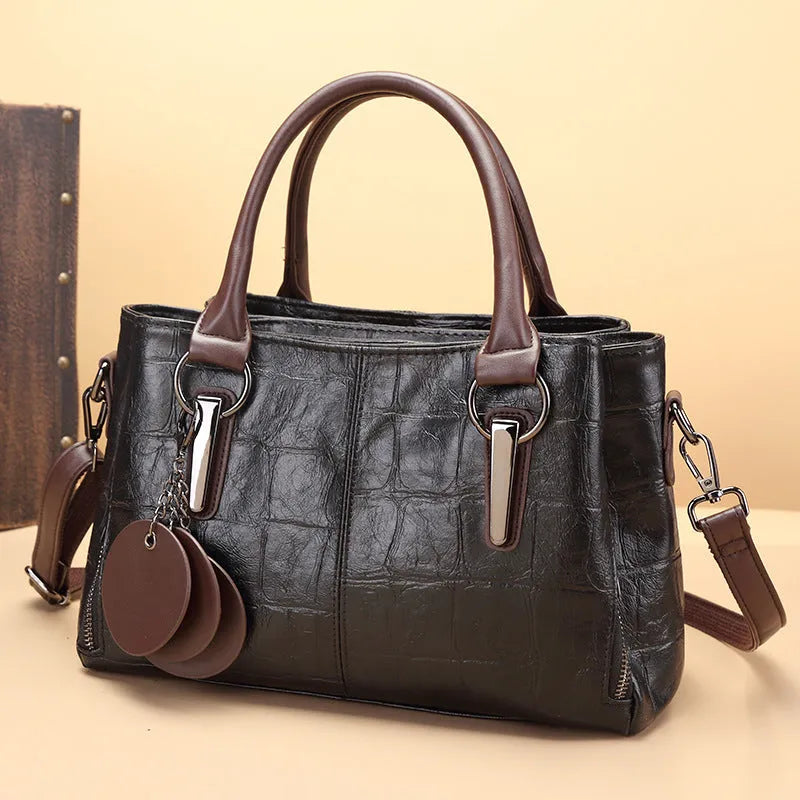 Vintage brown PU leather horizontal square tote bag with single shoulder strap and open pocket