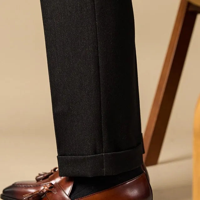 Men's black genuine leather tassel loafers with rubber sole for business casual wear