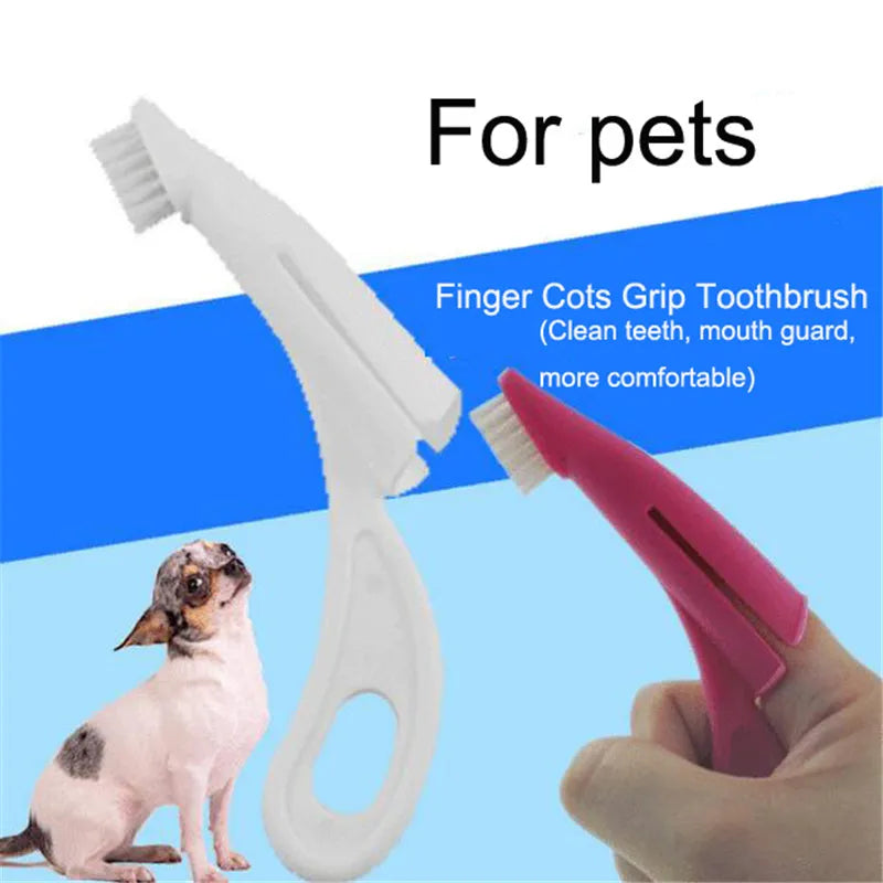 Red and white finger sleeve toothbrush for pet dental cleaning with soft silicone bristles