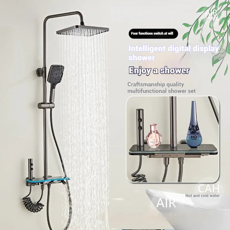 Aluminium digital shower head set in white or grey with temperature display