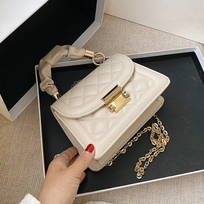 Korean-style women's chain messenger bag with rhombus pattern in PU leather showing beige colour option