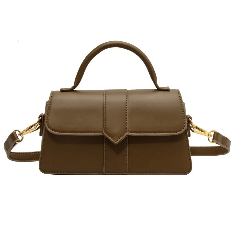 Women's beige messenger bag with horizontal square design showing external pockets and 22cm width