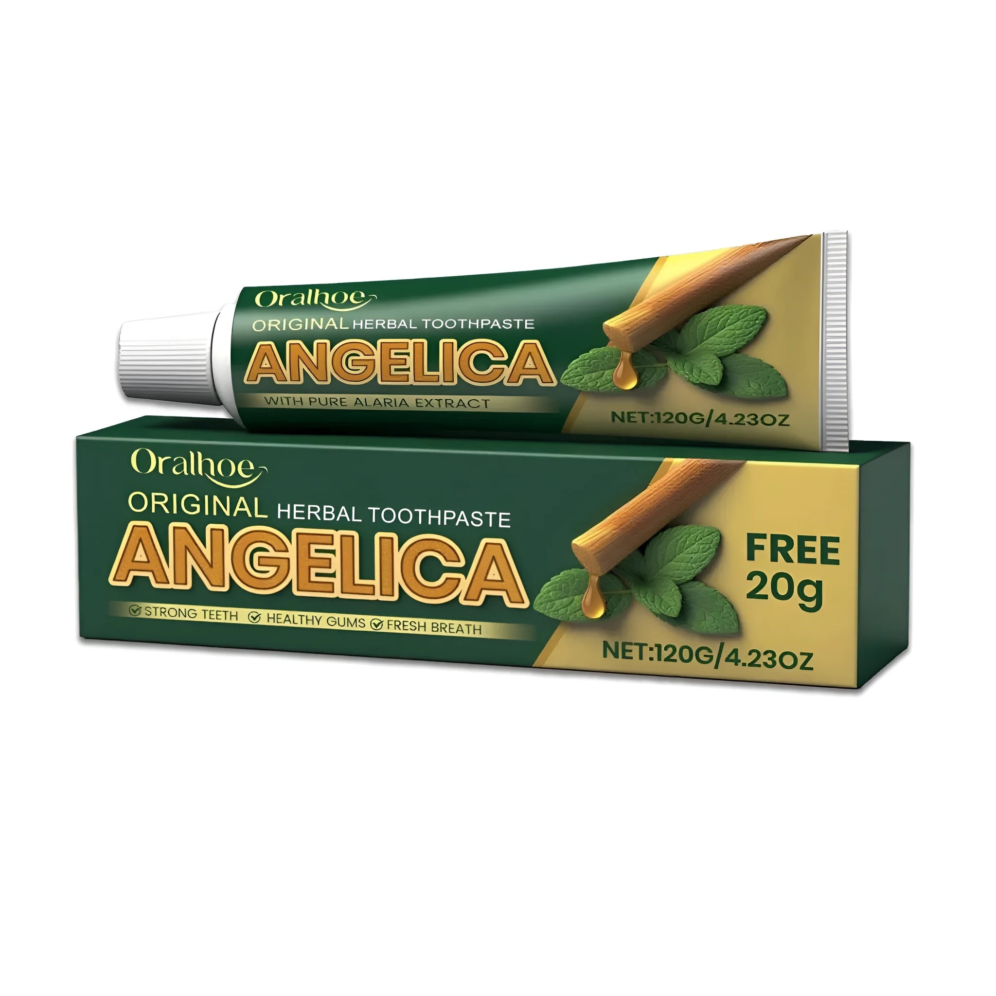 Herbal toothpaste 120g tube with mint and baking soda ingredients listed on packaging