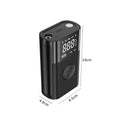 Handheld wireless digital display car tyre air pump with LED light and attachments on a grey background.