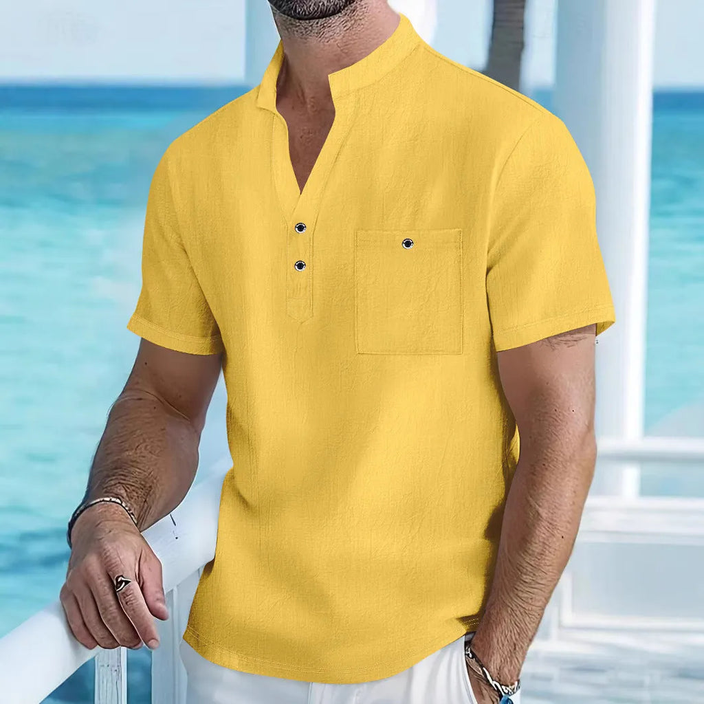 Men's loose fit stand collar linen short sleeve t-shirt in light blue colour.