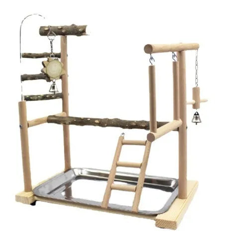Pepper wood parrot stand with sub-stand pole, natural finish, isolated on white background