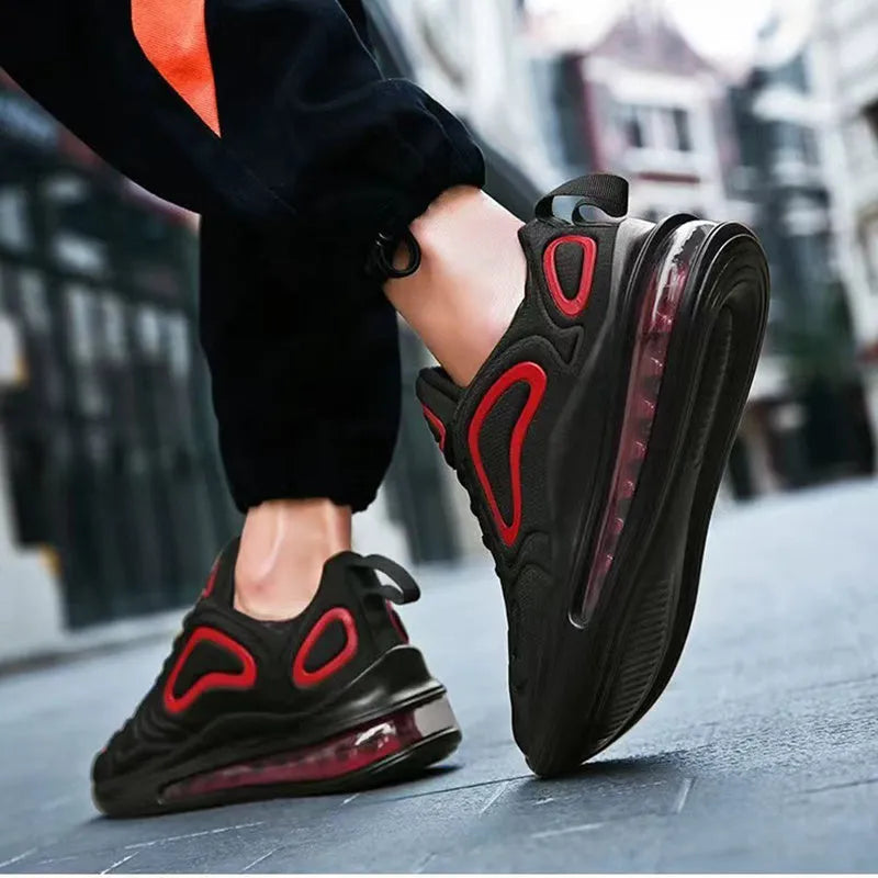 Men's black casual air cushion running shoes with lace-up front and round toe