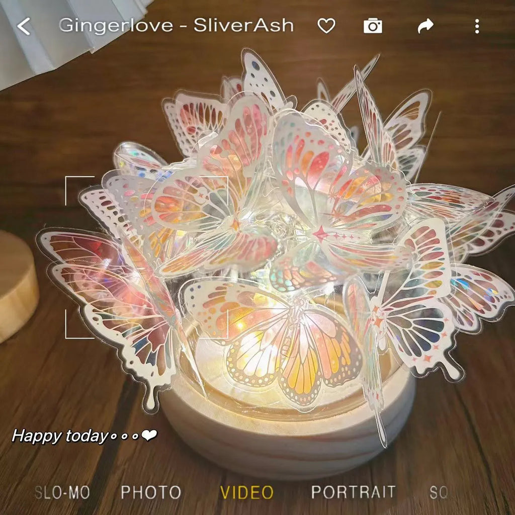 Butterfly night lamp with glass shade and raw wood base measuring 12x15cm