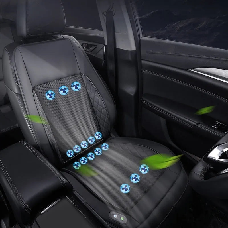 Car ventilation cushion with fan in black mesh design for driving comfort
