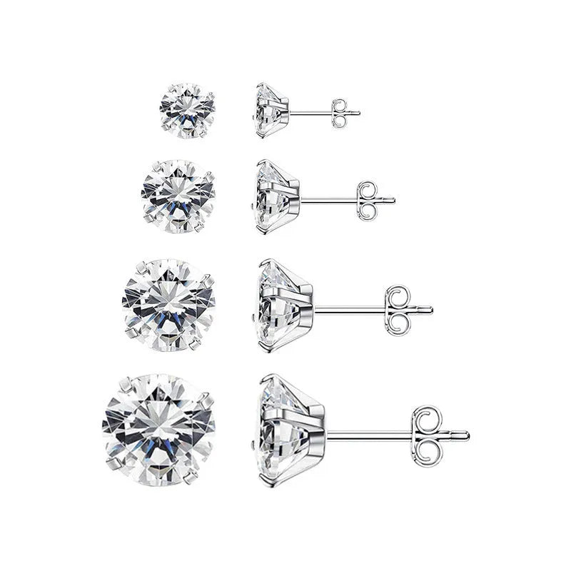 Square geometric stainless steel stud earrings with round zircon stone in gold or steel colour on a white background.