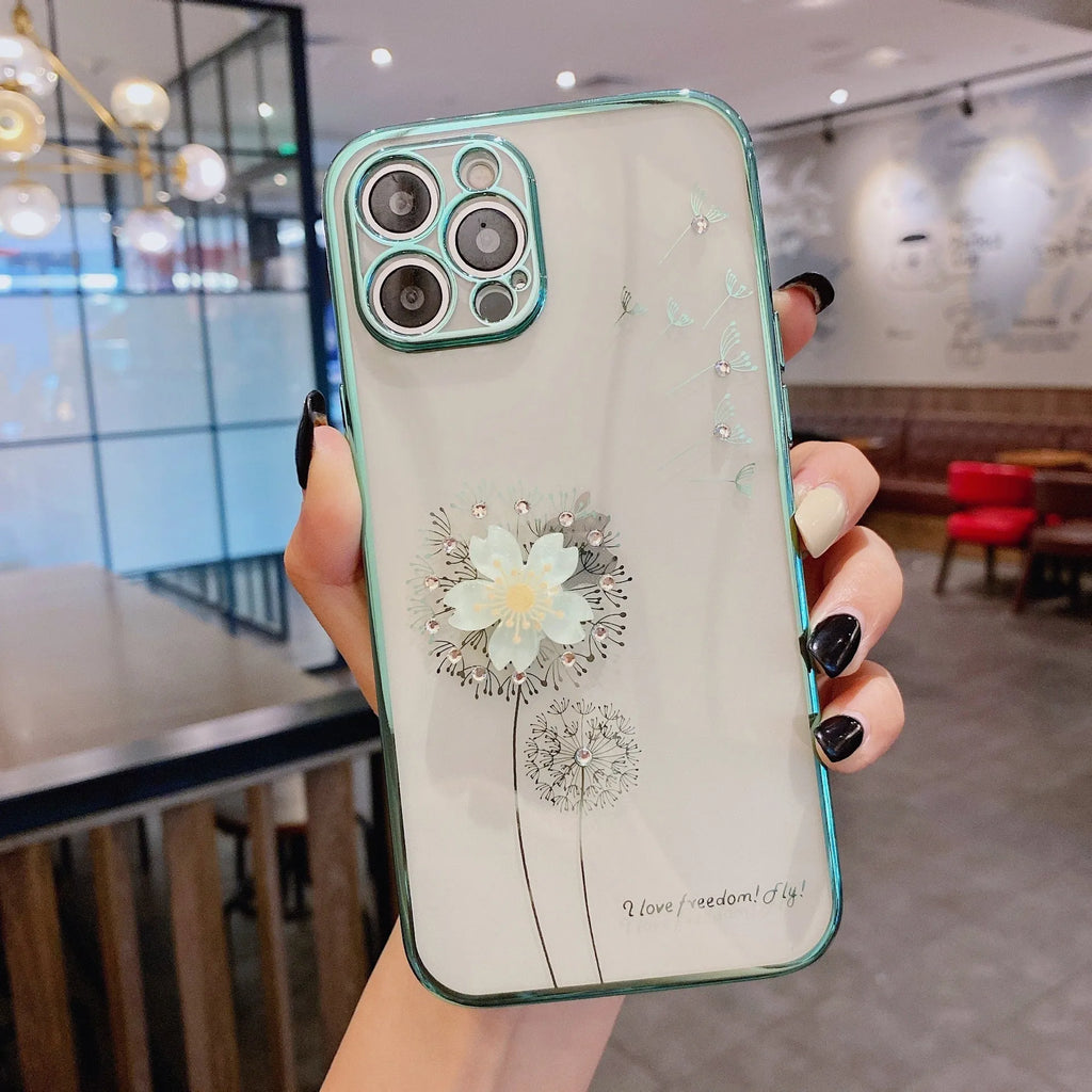 Green 3D floral pattern iPhone case with a built-in screen protector and a spin stand on the back.