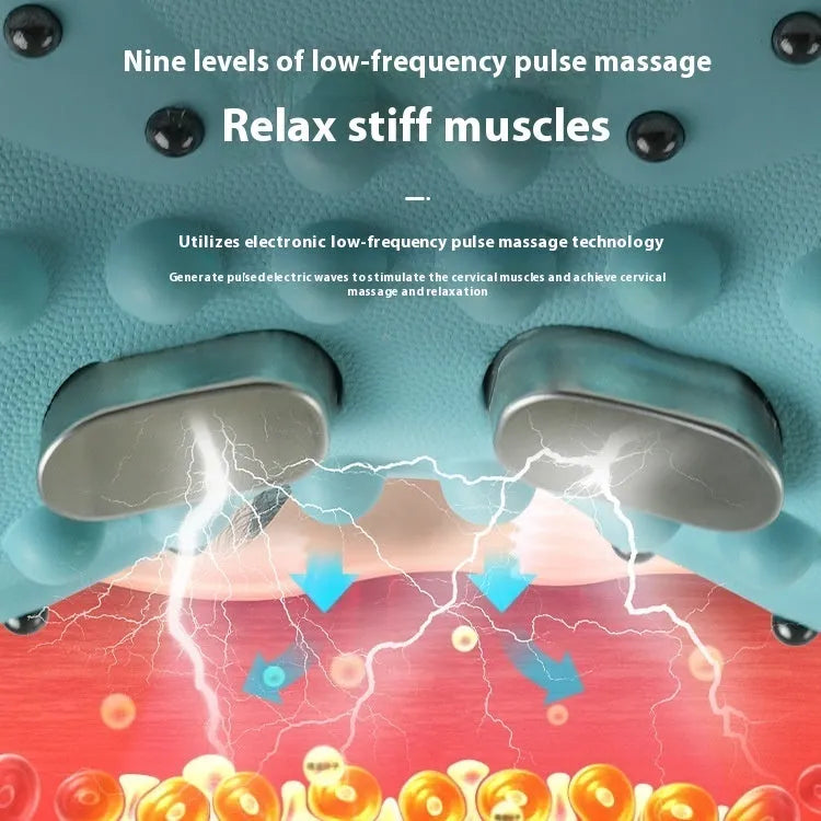 Blue-green portable neck massage pillow with EMS and hot compress, 17x10x12 cm