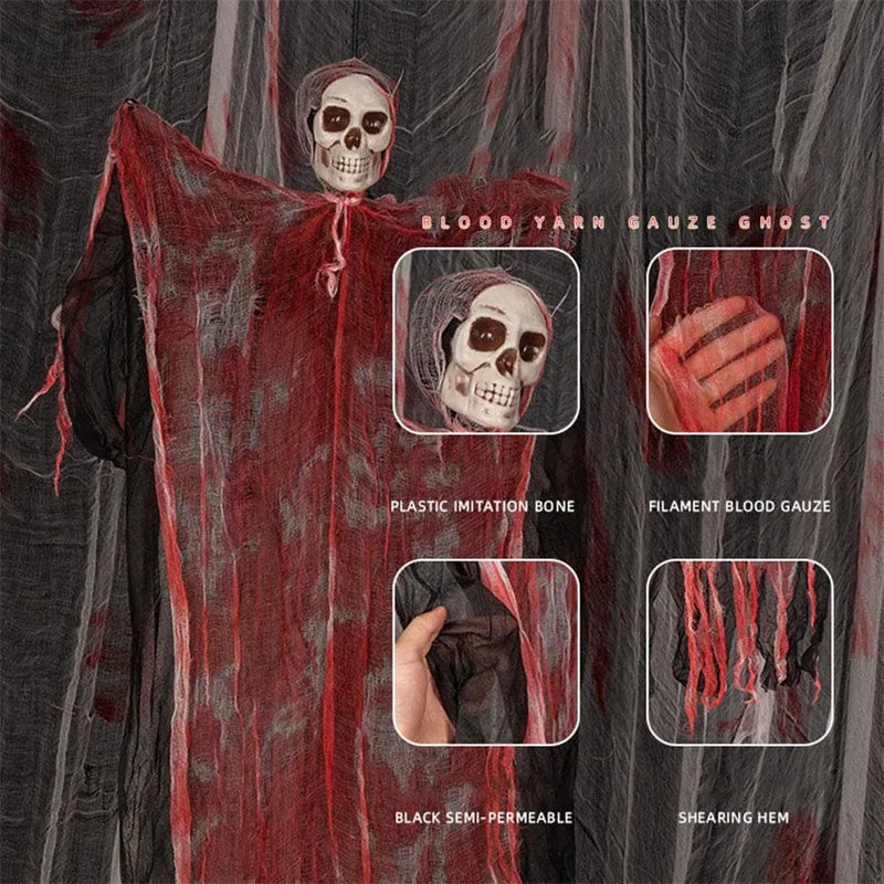 Halloween hanging ghost pendant with dyed blood effect skull decoration on a tree branch