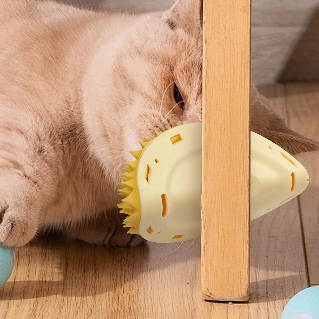 Yellow durian-shaped cat corner scratcher and massage brush mounted on a wall.