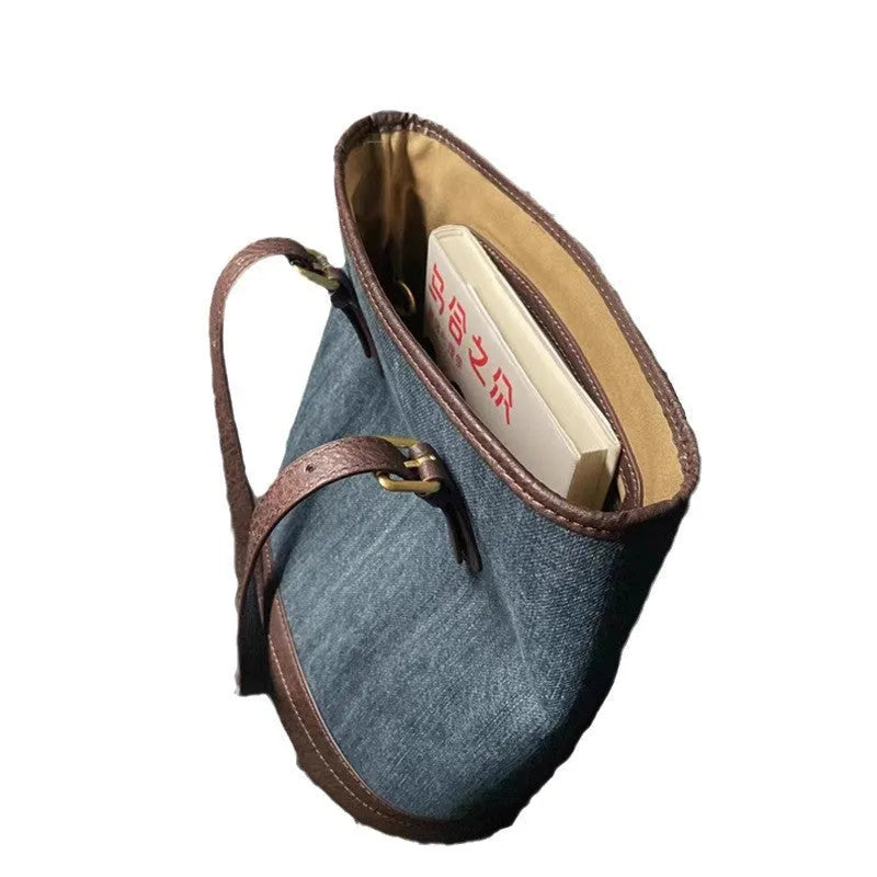 Denim patchwork large capacity retro one-shoulder bucket bag in denim commuter colour, 23x27x16cm