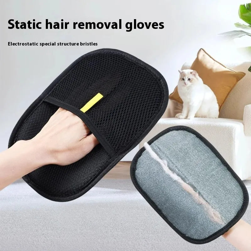 Black pet hair remover glove with silicone bristles for deshedding dogs and cats.