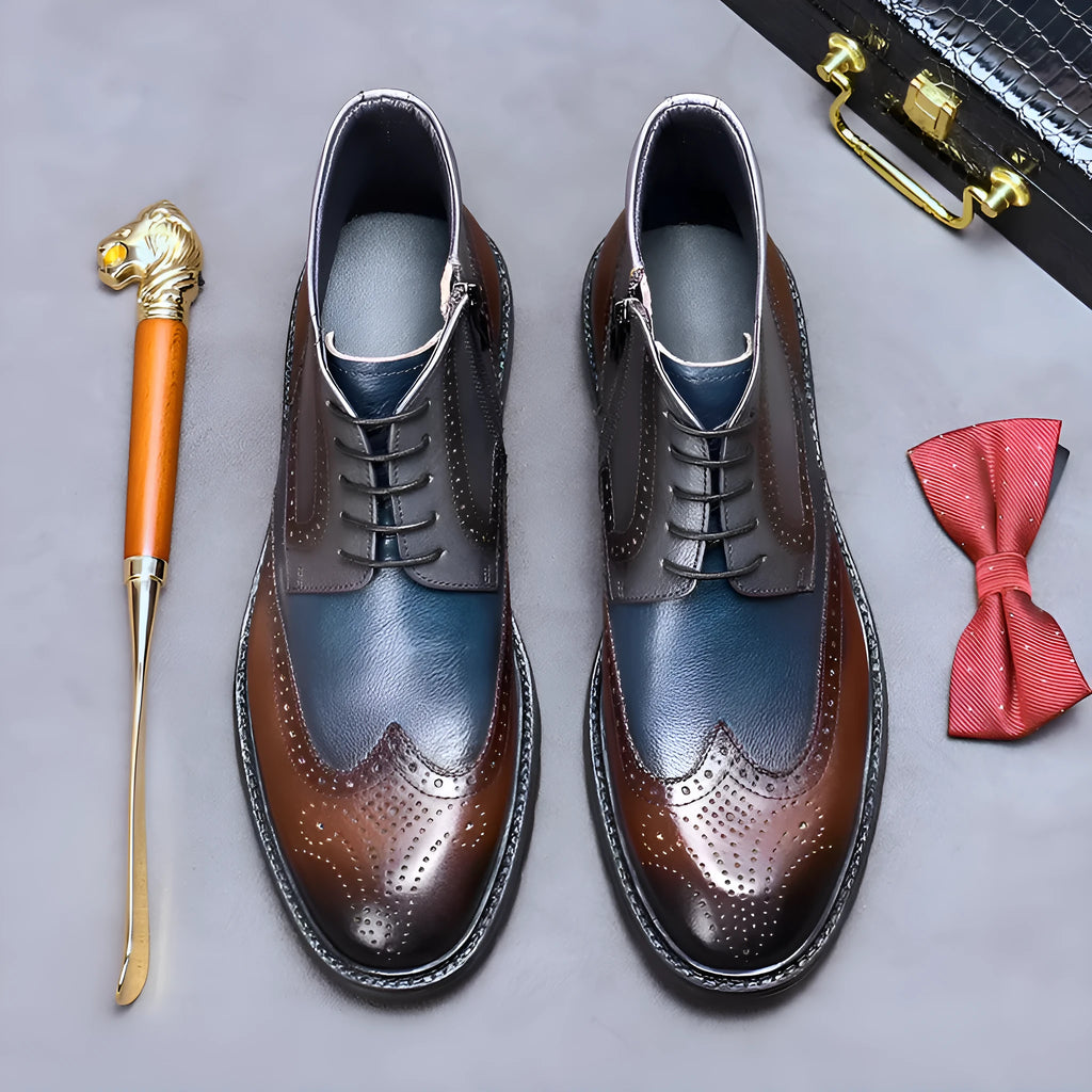 Men's curry blue leather Martin boots with vintage colour blocking and brogue detailing on a round toe.