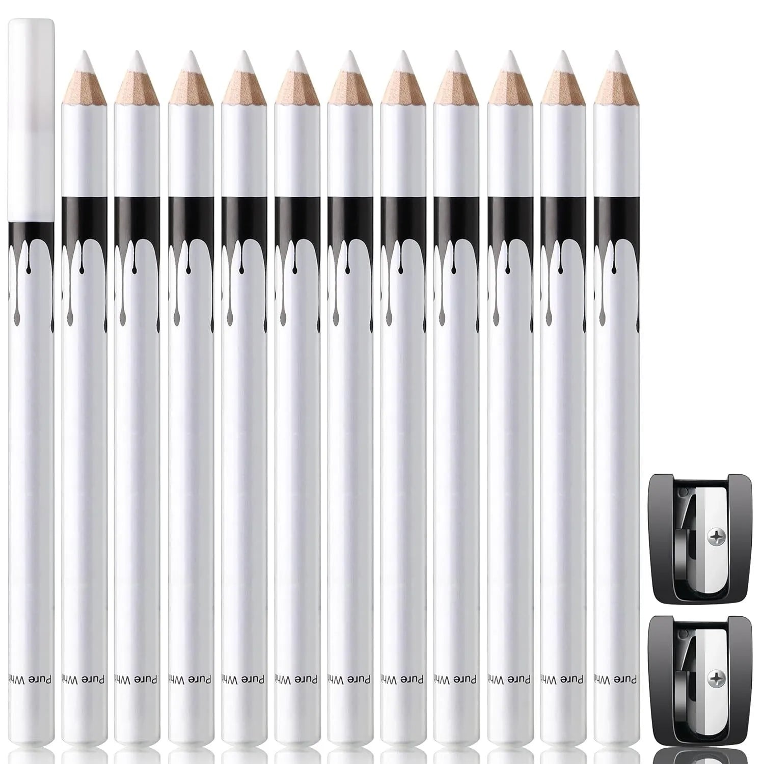 12-piece white and black eyeliner pencil set with sharpener, waterproof and retractable