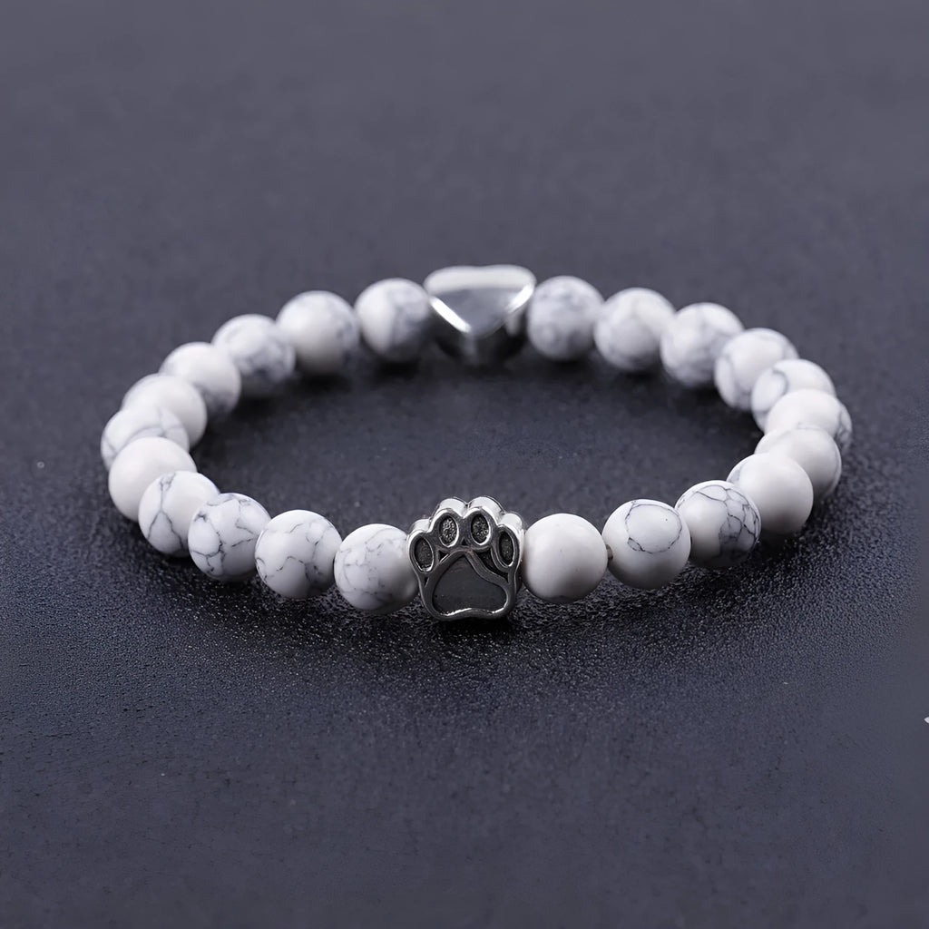 Tigereye stone bracelet with geometric dog's paw charm and heart charm in beaded construction