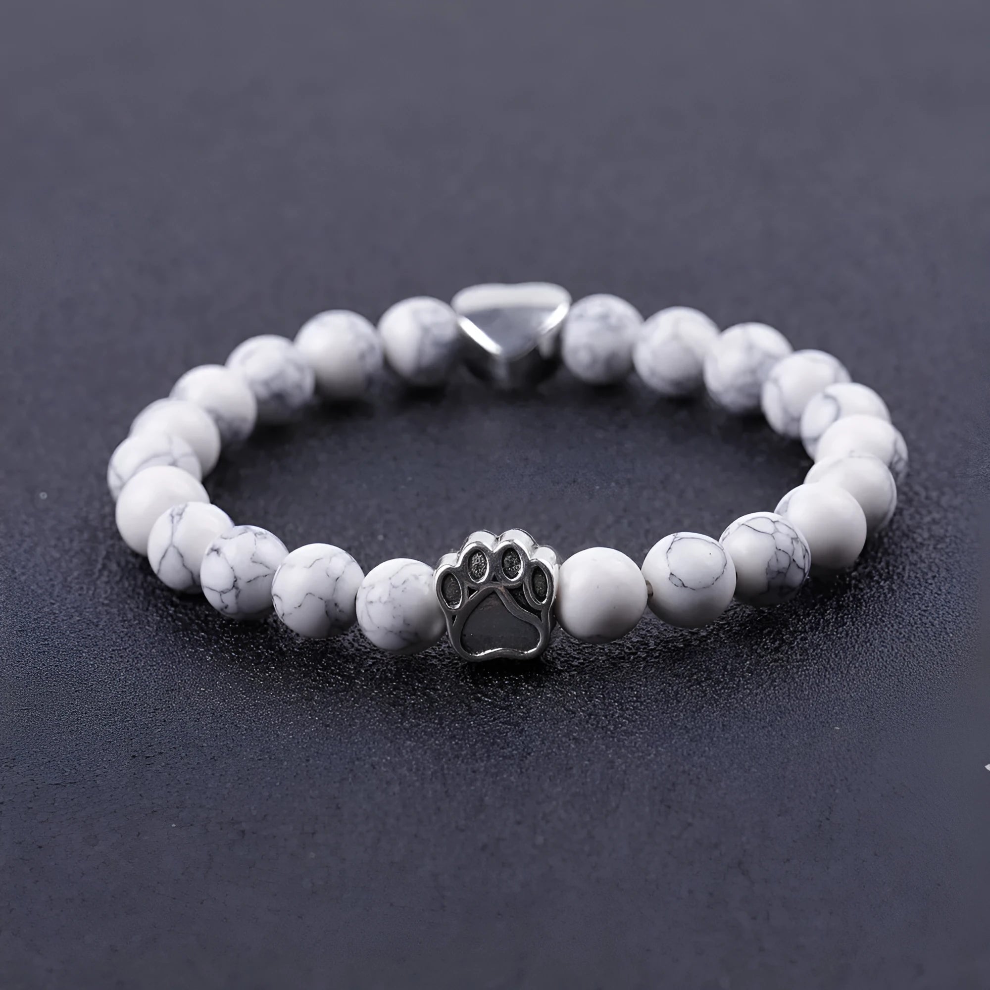 Tigereye stone bracelet with geometric dog's paw charm and heart charm in beaded construction
