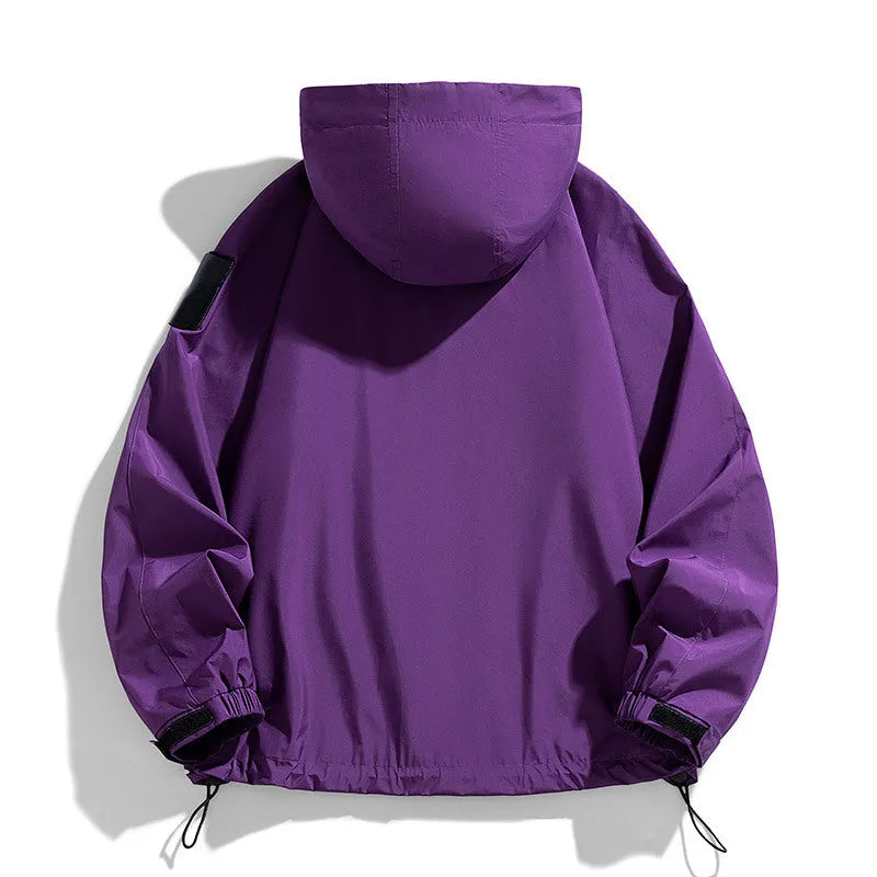 Men's black hooded waterproof windproof jacket with long sleeves, shown on a model.