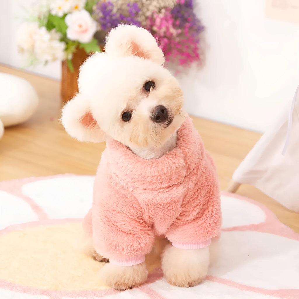 Double-sided thick plush dog clothes with high collar in khaki, pink, or blue colours showing four-legged design