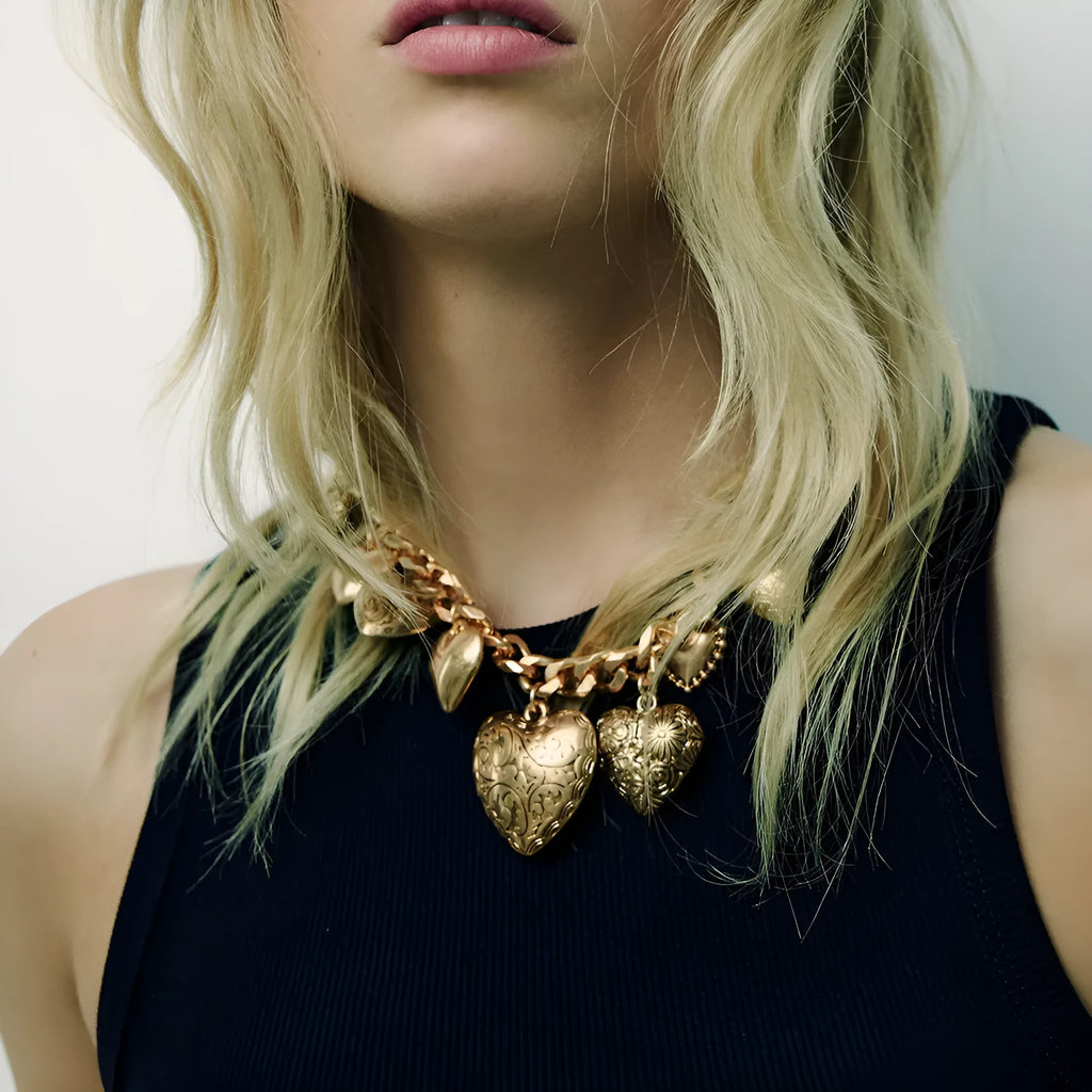 Gold alloy carved heart pendant necklace with adjustable 41-50cm chain
