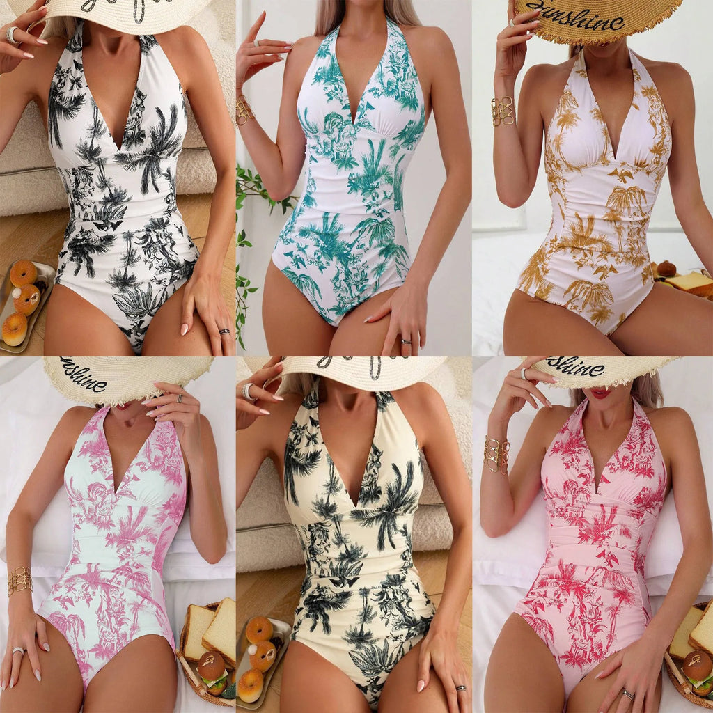 Women's printed V-neck one-piece swimsuit in polyester fabric available in multiple colours