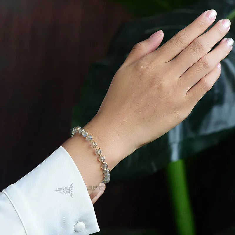 14K gilded natural crystal blue moonstone bracelet with 6mm beads, starry sky colour design