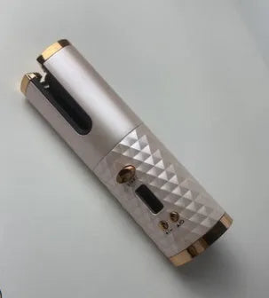 White portable automatic curling iron with USB charging cable and gold ceramic barrel