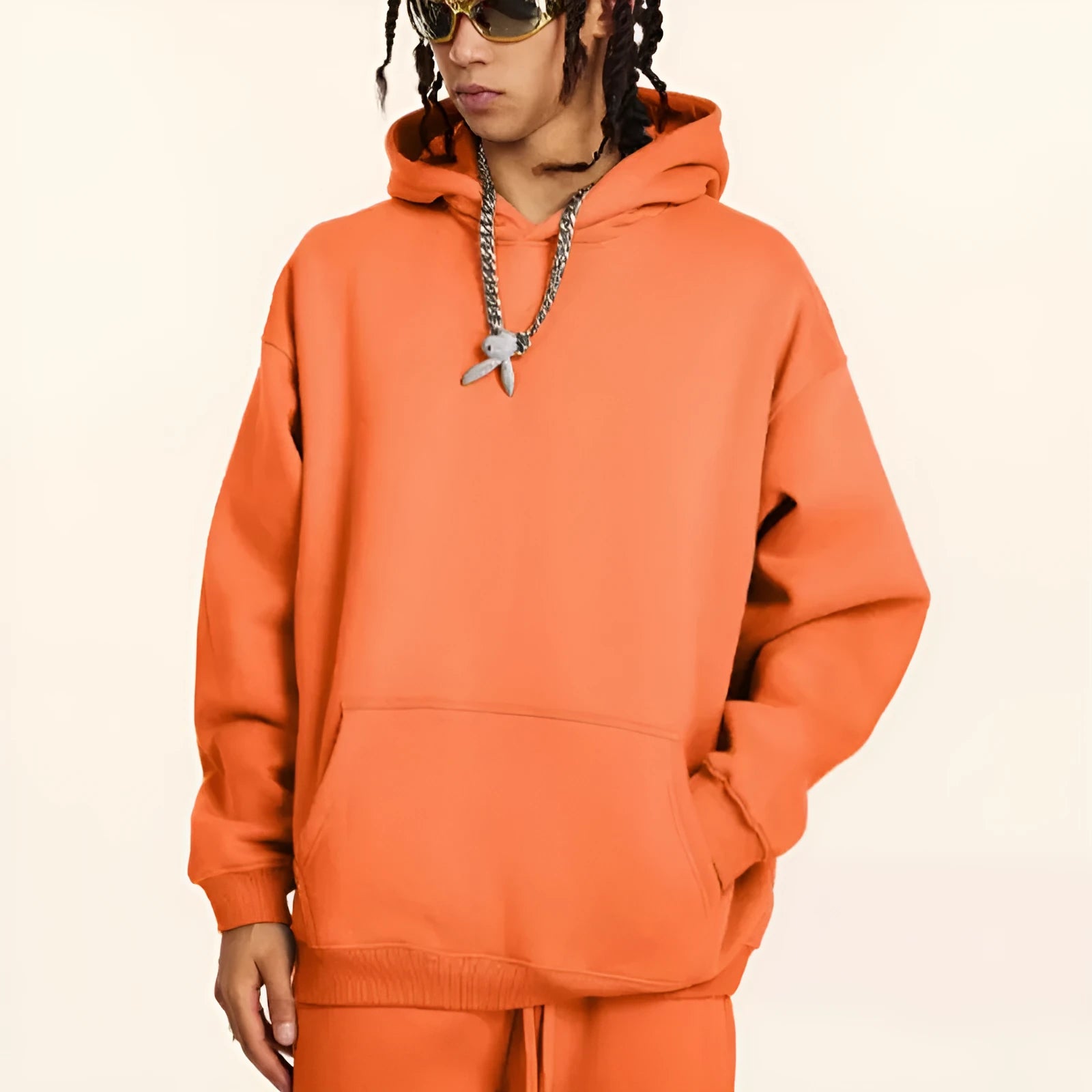 Men's loose fit hooded cotton sweater in multiple colours with drop-shoulder sleeves