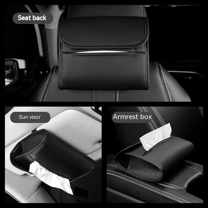 Leather car tissue box with elastic band mounting for sun visor or armrest
